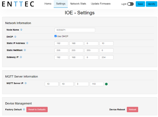 I/O Extender Settings page — Network Information and MQTT Server IP field with a green connection indicator dot
