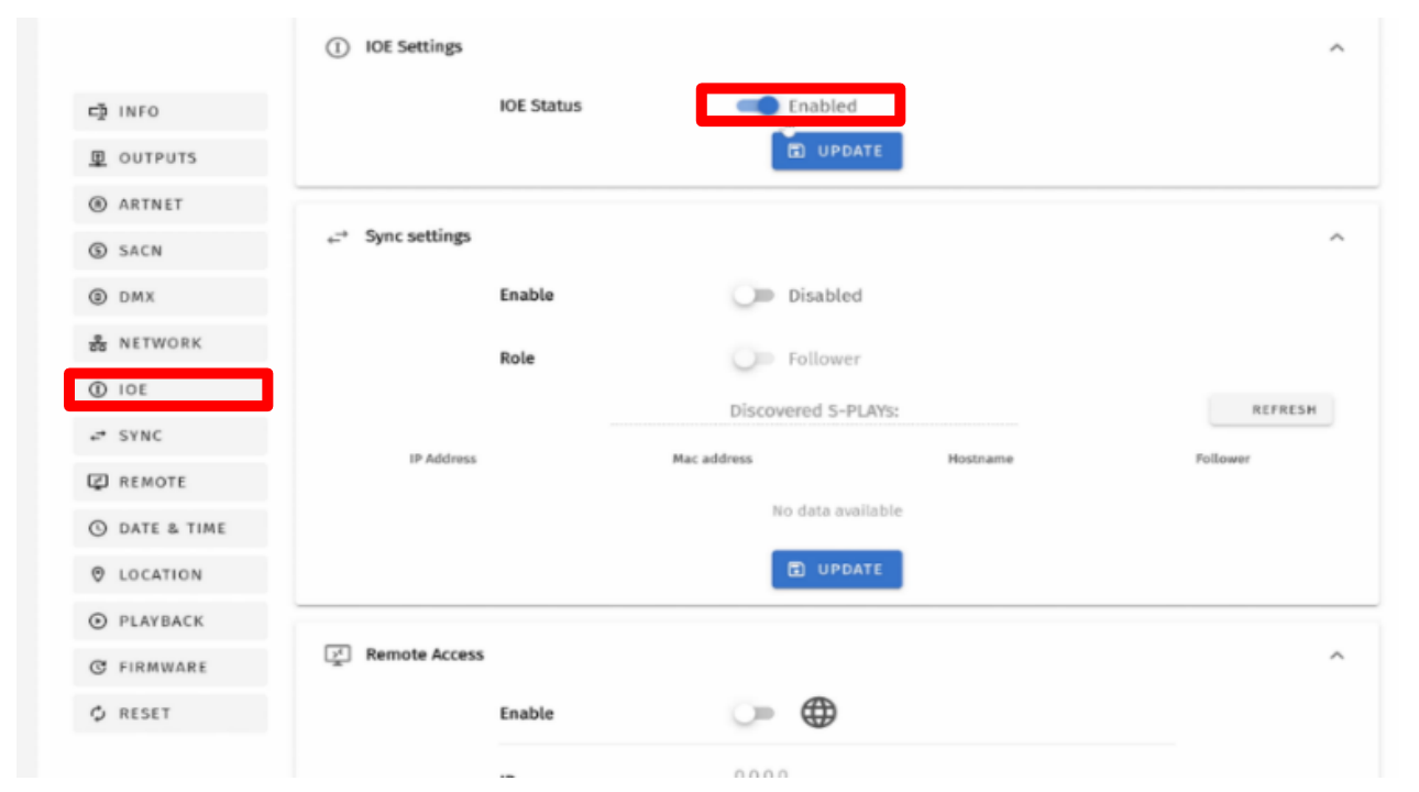 S-PLAY SP1-1 Settings page with the IOE menu item and IOE Status toggle highlighted in red, set to Enabled, with the Sync settings section below