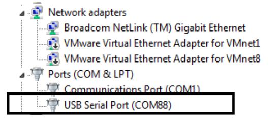 Device Manager — Ports list showing the USB Serial Port