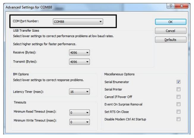 Device Manager — Advanced port settings, change COM port number
