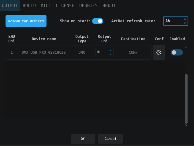 EMU app — DMX USB Pro settings panel