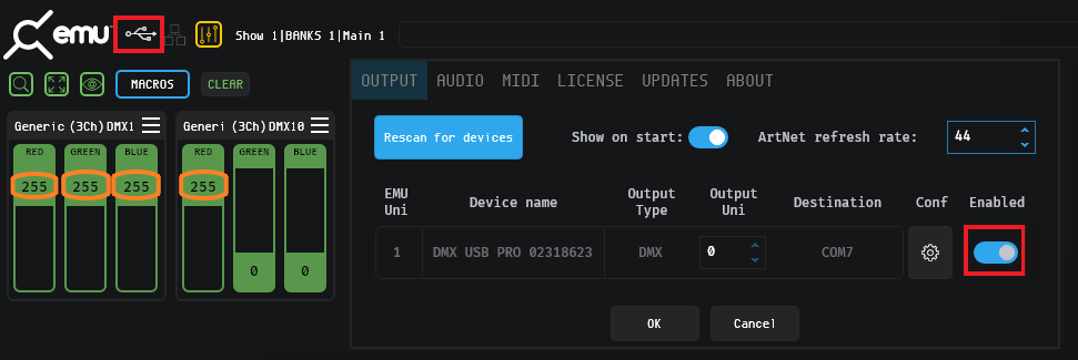 EMU DMX send test interface