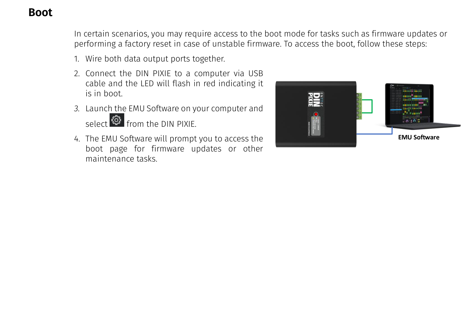 DIN PIXIE boot mode connection diagram — device with output ports wired together, connected to laptop running EMU software