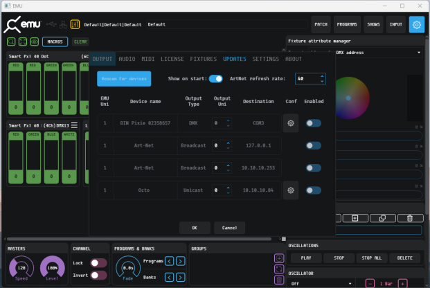 EMU software Preference window showing Scan for Devices button and detected DIN PIXIE device