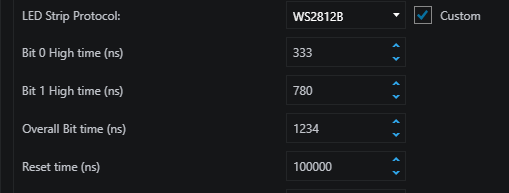 EMU custom protocol timing fields showing 400±150ns, 800±150ns, 1250±600ns, and Above 50000ns values