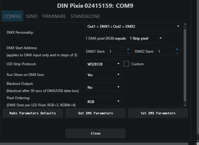 EMU software Config tab showing DIN PIXIE configuration settings
