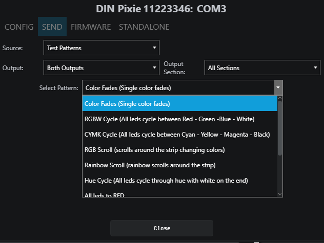 EMU Send tab showing Test Patterns source with colour fade pattern list