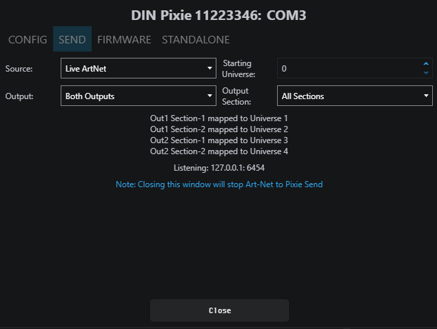 EMU Send tab showing Live Art-Net source with universe mapping
