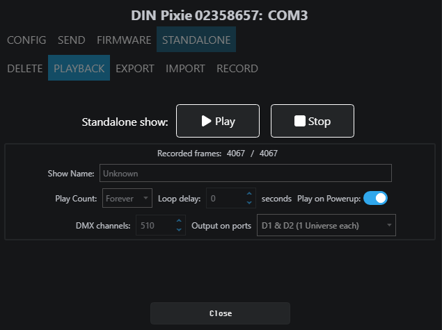 EMU Standalone Playback tab showing Play and Stop buttons and recorded show details