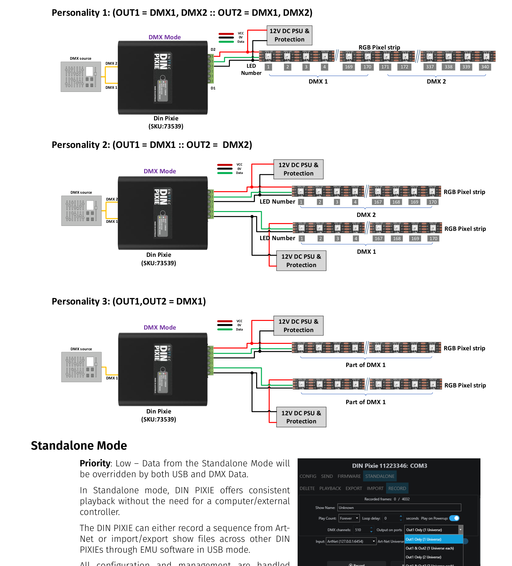 DIN PIXIE DMX personality wiring diagrams — Personality 1, 2, and 3 showing DMX channel distribution across pixel outputs