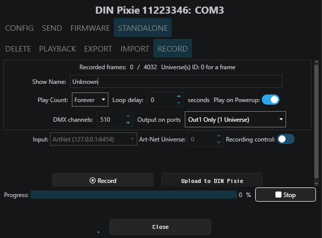 EMU Standalone Record tab during recording showing progress bar, Stop button and Upload to DIN PIXIE button