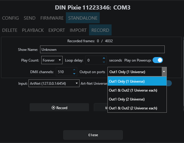 EMU Standalone Record tab showing show name, play count, loop delay, DMX channels, output ports, and Art-Net universe fields with the Output on ports drop-down expanded
