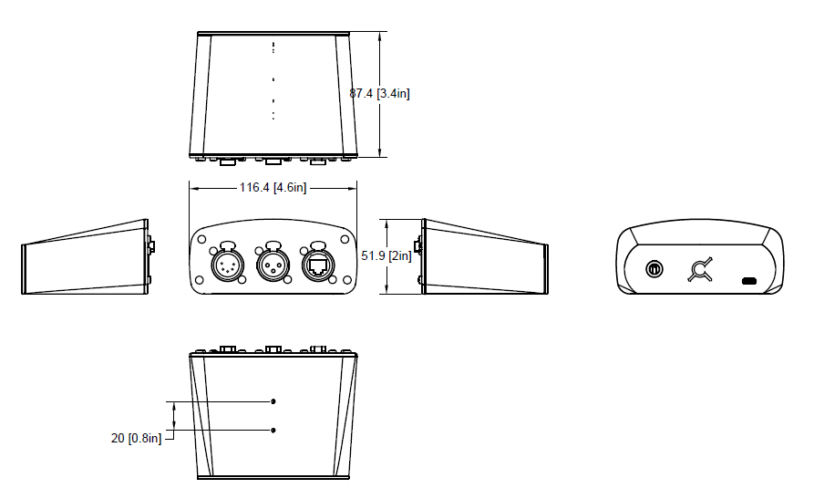 EMU Hardware physical dimensions drawing — 116.4 mm wide, 51.9 mm tall, 87.4 mm deep