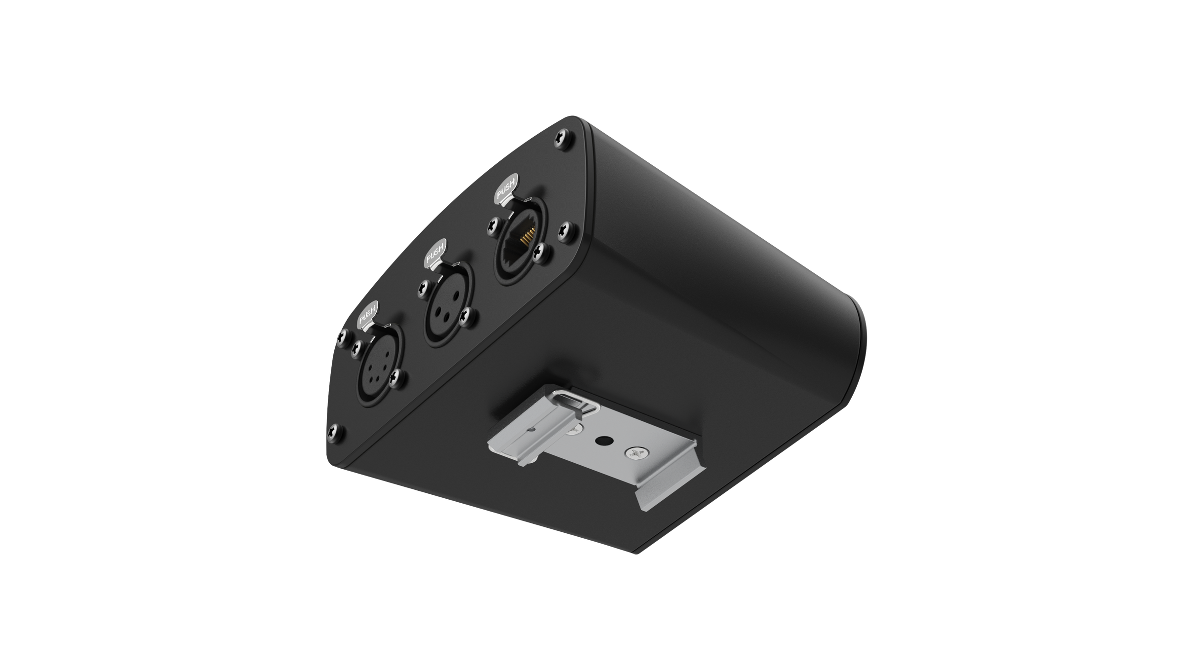 EMU Hardware with DIN rail clip attached for TS35 rail installation — isometric view showing the 3-pin XLR, 5-pin XLR and EtherCON connectors