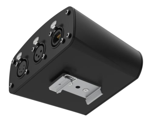 EMU Hardware with DIN rail clip attached — bottom and rear view