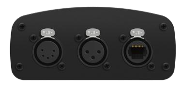 EMU Hardware connector panel — 5-pin XLR, 3-pin XLR, and EtherCON RJ45 ports