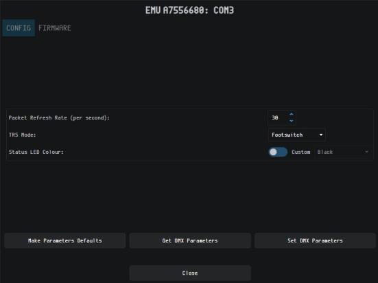 EMU Software Config panel showing Packet Refresh Rate, TRS Mode, and Status LED Colour settings