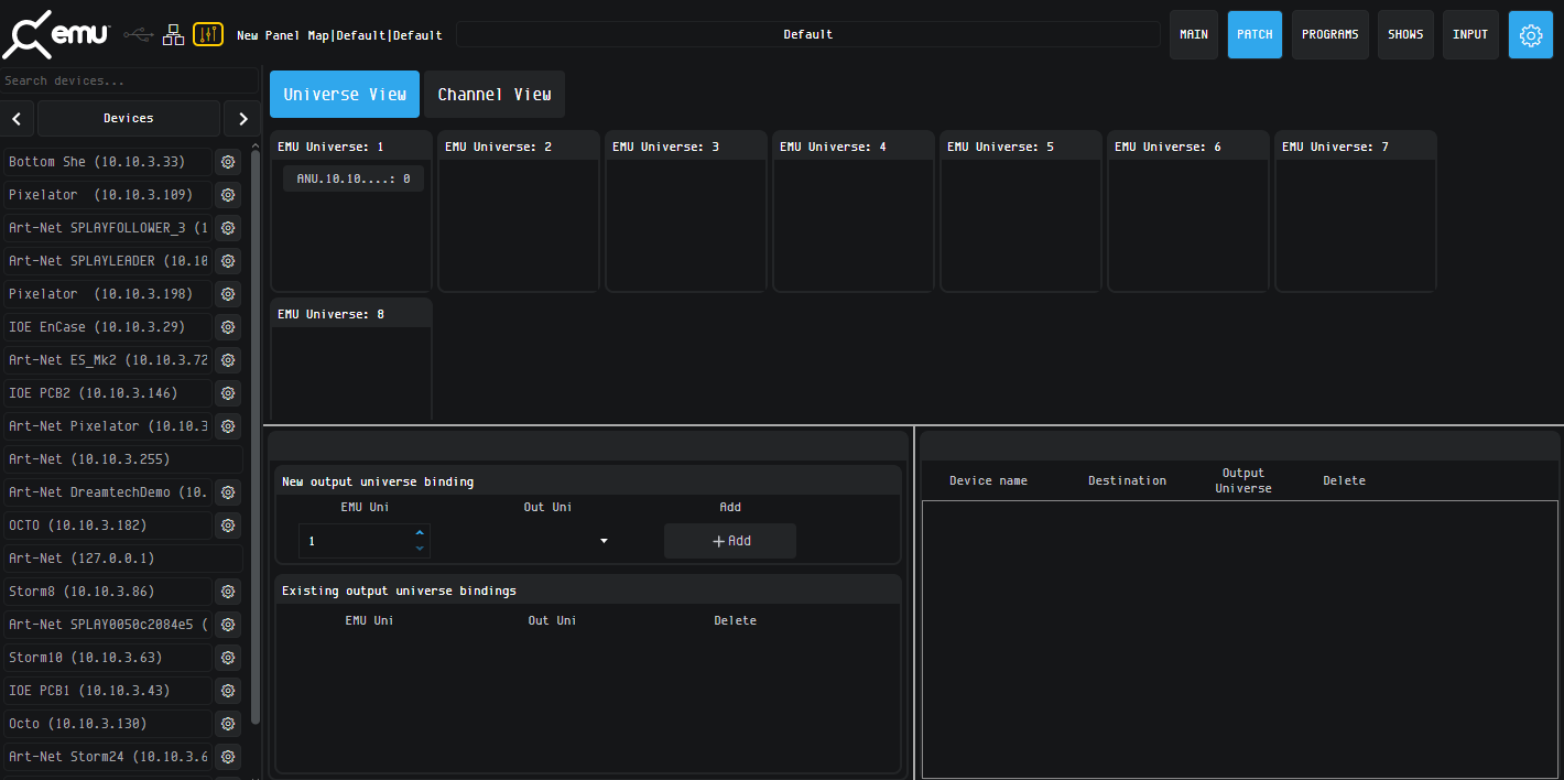 EMU Software Patch tab showing Universe View with discovered ENTTEC lighting controllers and output universe bindings