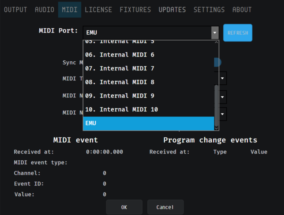 EMU Software MIDI tab showing the MIDI Port dropdown with EMU Hardware detected