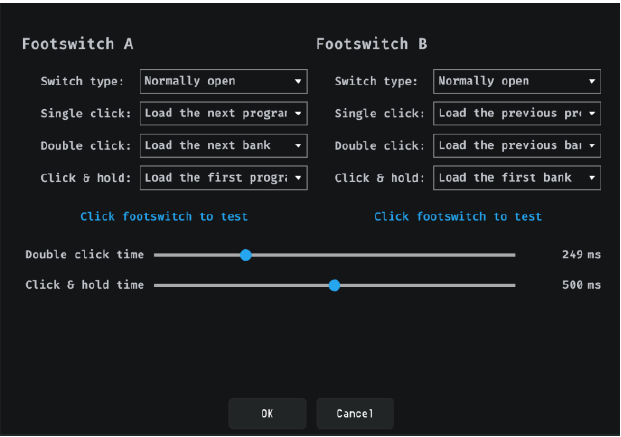 EMU Software Footswitch tab showing Footswitch A and B configuration — switch type, single click, double click, and click and hold actions