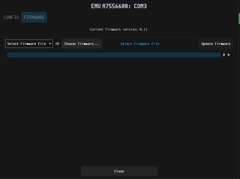 EMU Software Firmware tab showing the Select Firmware File dropdown and Update Firmware button