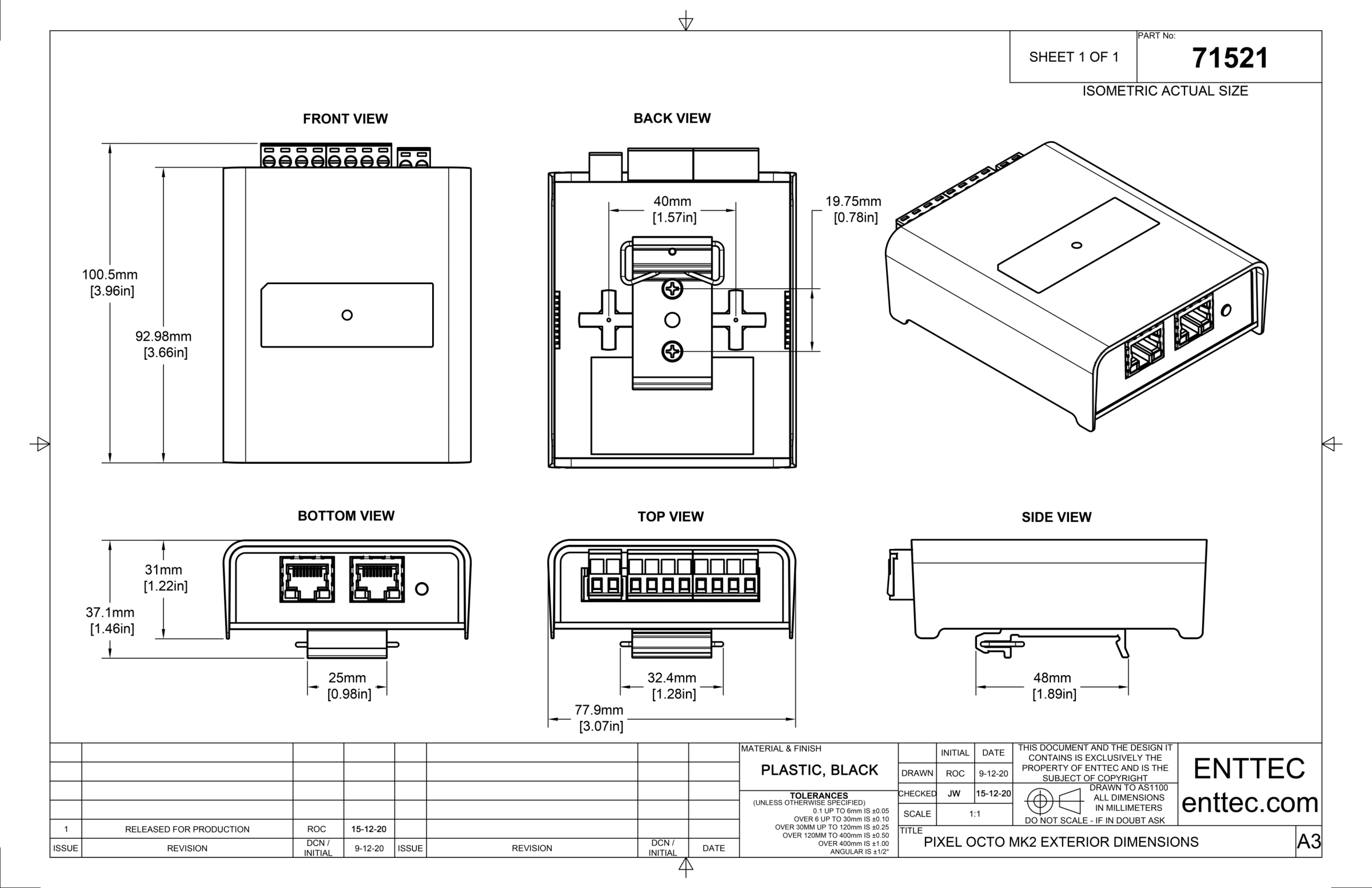 OCTO MK2 physical dimensions — front, back, isometric, bottom, top and side views