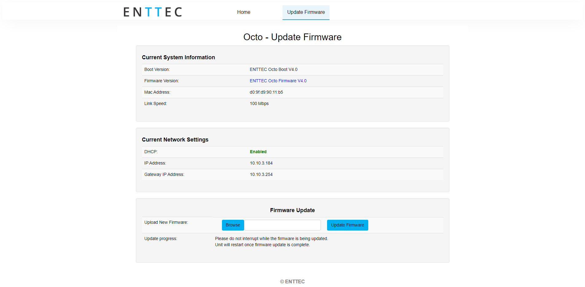 OCTO MK2 web interface — Update Firmware tab