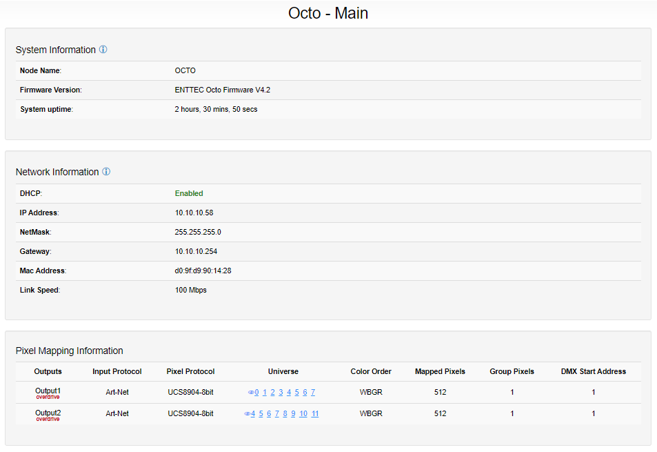OCTO MK2 web interface — Home tab showing System, Network and Pixel Mapping Information