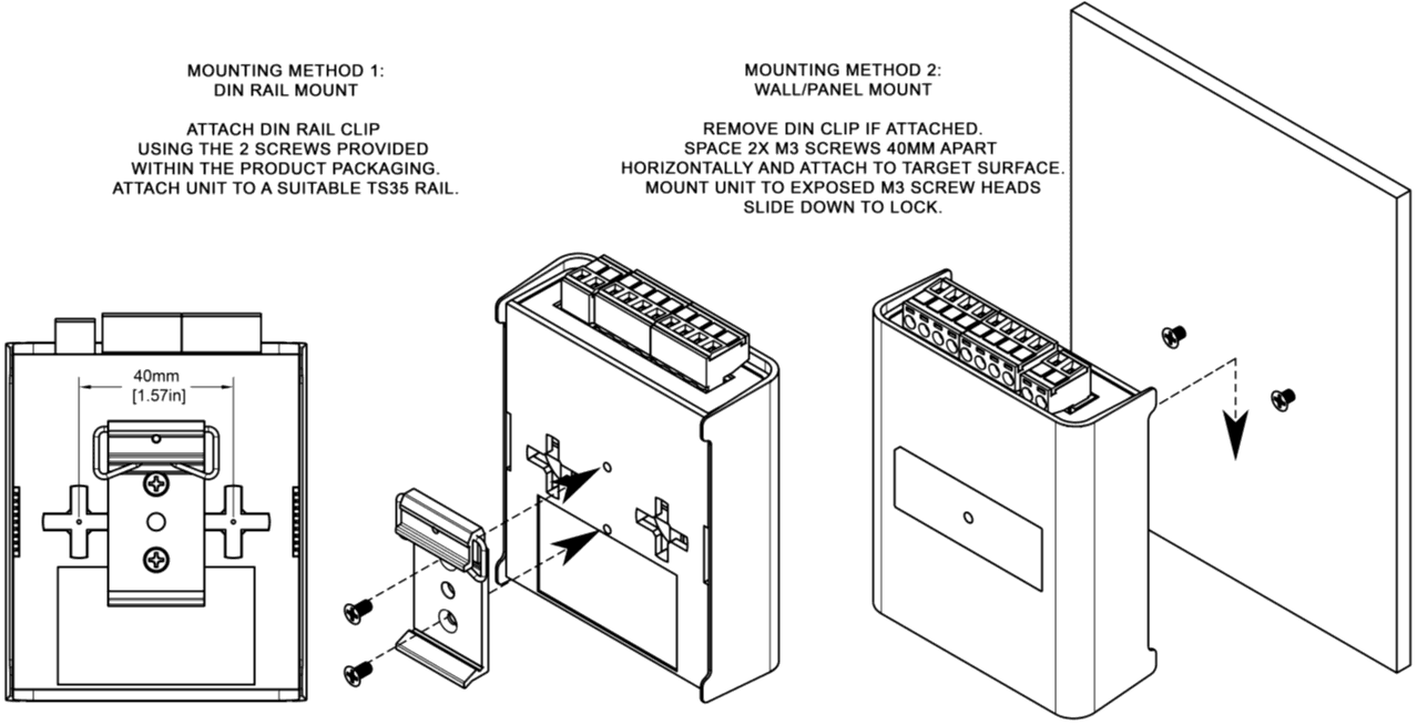 OCTO MK2 mounting options — DIN rail mount and wall / panel mount