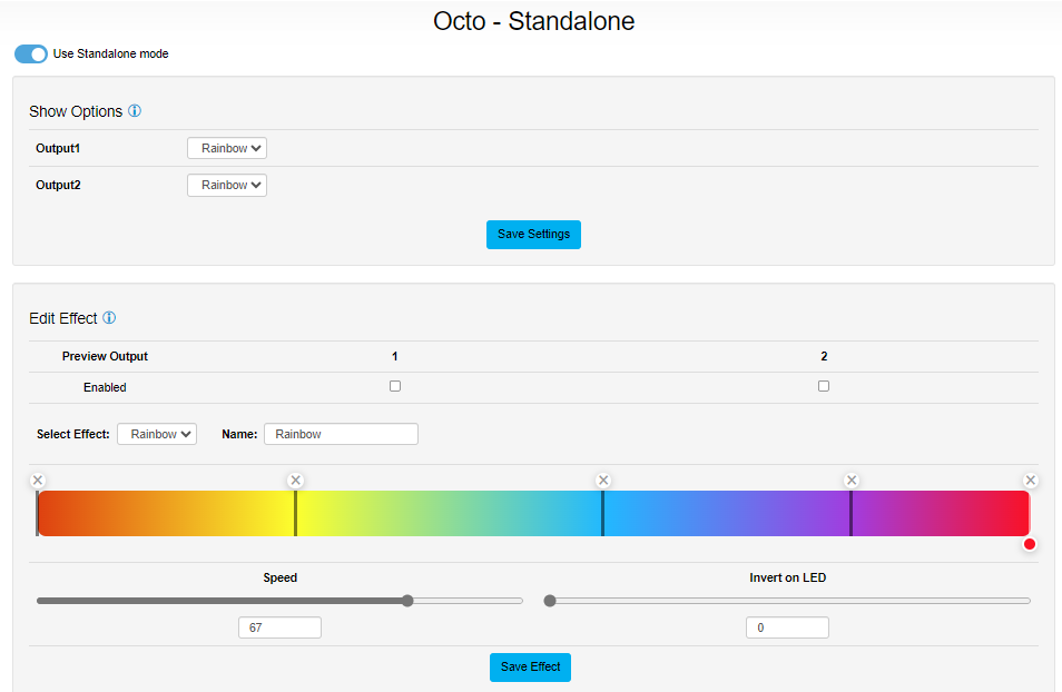 OCTO MK2 web interface — Standalone tab with Show Options and Edit Effect panels