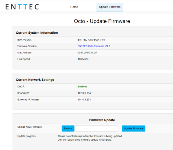 OCTO MK2 web interface — Update Firmware tab