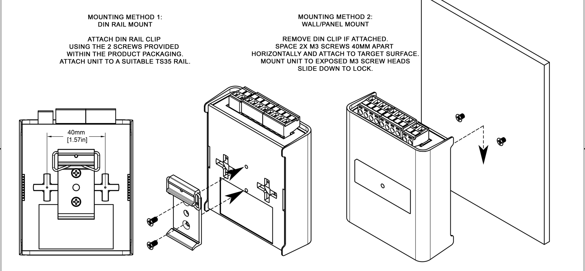 OCTO MK2 mounting options — Method 1 DIN rail mount and Method 2 wall / panel mount