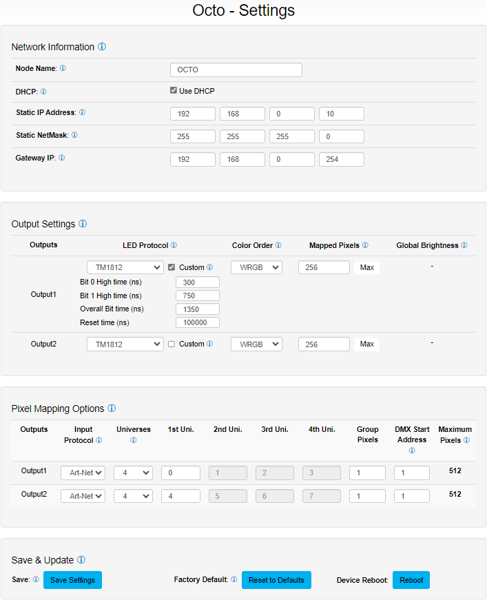 OCTO MK2 web interface — Settings tab with Network Information, Output Settings, Pixel Mapping Options and Save & Update
