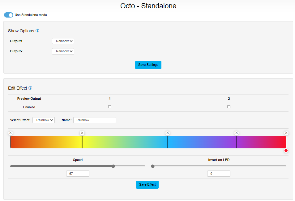 OCTO MK2 web interface — Standalone tab with Show Options and Edit Effect panels