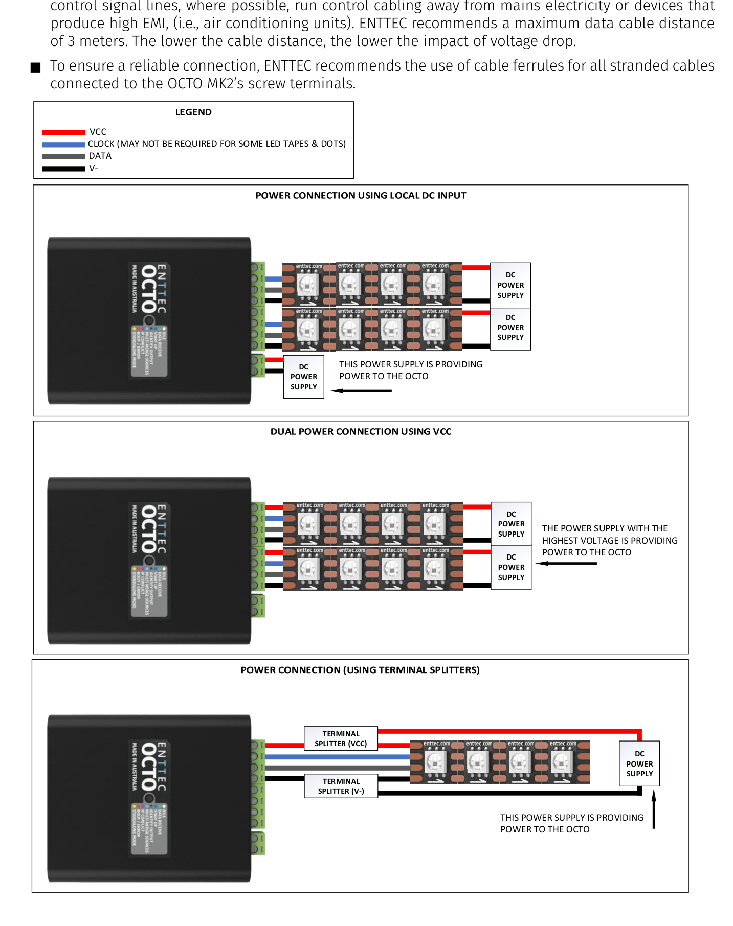 OCTO MK2 wiring — local DC input, dual power using VCC, and terminal-splitter examples