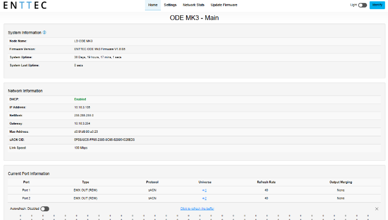 ODE MK3 web interface — Home tab