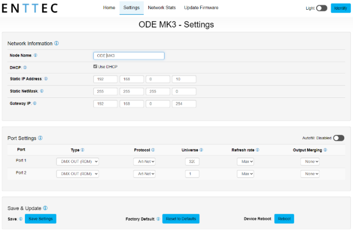 ODE MK3 web interface — Settings tab