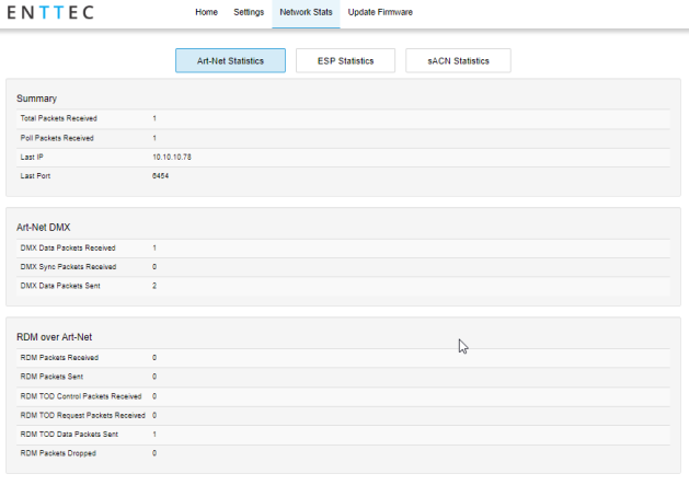 ODE MK3 web interface — Network Stats tab