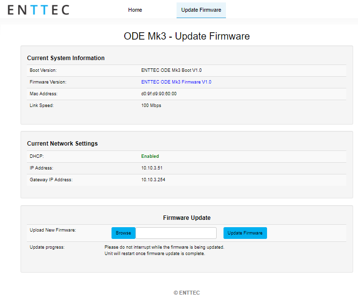 ODE MK3 web interface — Update Firmware tab
