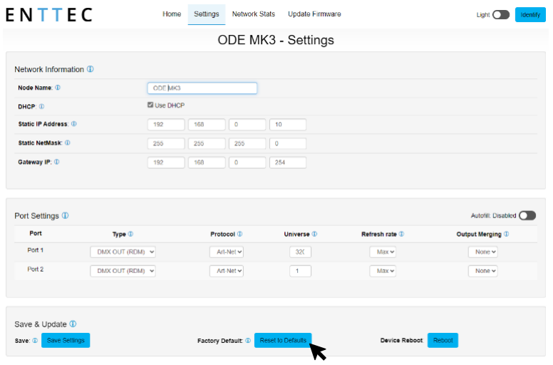 ODE MK3 Settings tab — cursor pointing to the Reset to Defaults button in the Save & Update row