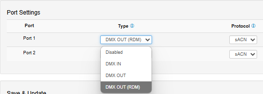 ODE MK3 Settings — Port Settings Type drop-down showing Disabled, DMX IN, DMX OUT and DMX OUT (RDM) options