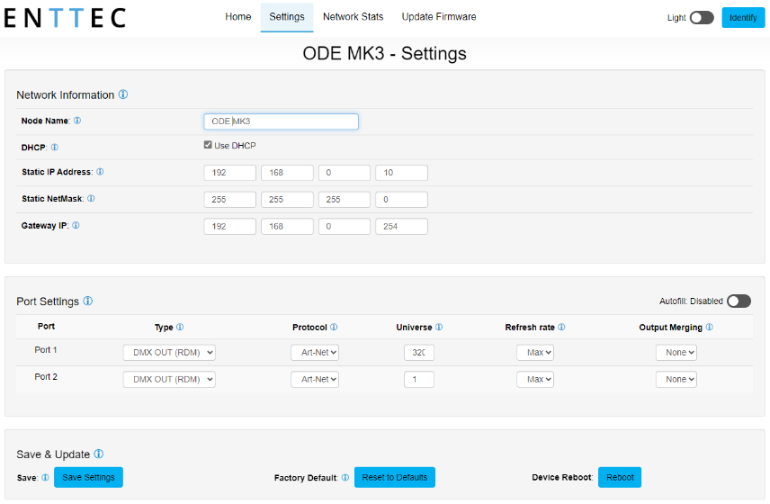ODE MK3 web interface — Settings tab showing Network Information, Port Settings and Save & Update controls
