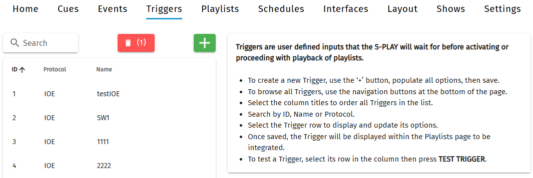 S-PLAY Programmer Triggers page
