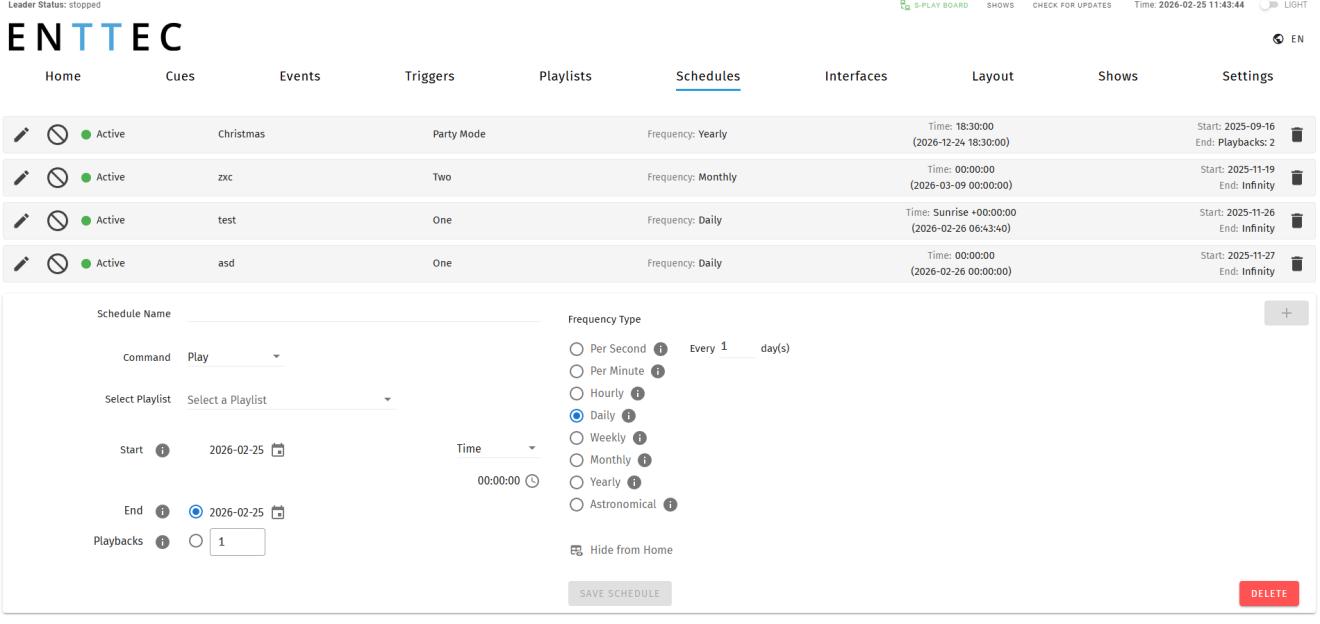 S-PLAY Programmer Schedules page showing schedule list and editor