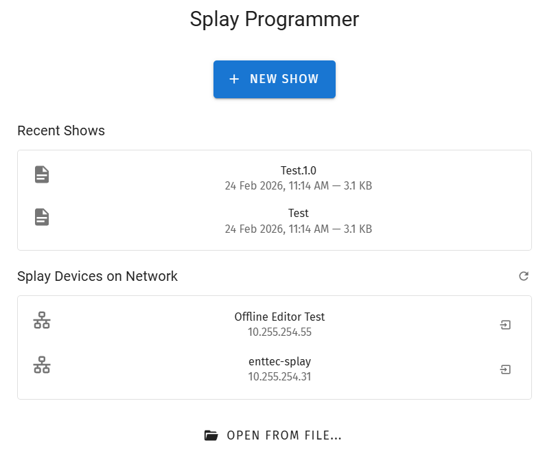 S-PLAY Programmer Shows screen with New Show and connected device options