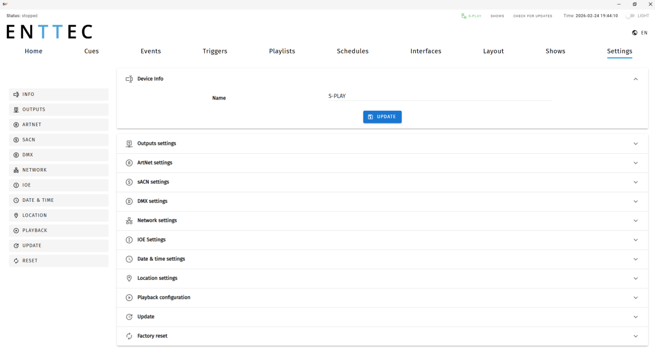 S-PLAY Programmer Settings page with tab navigation