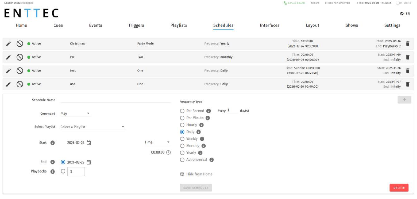 Schedules page