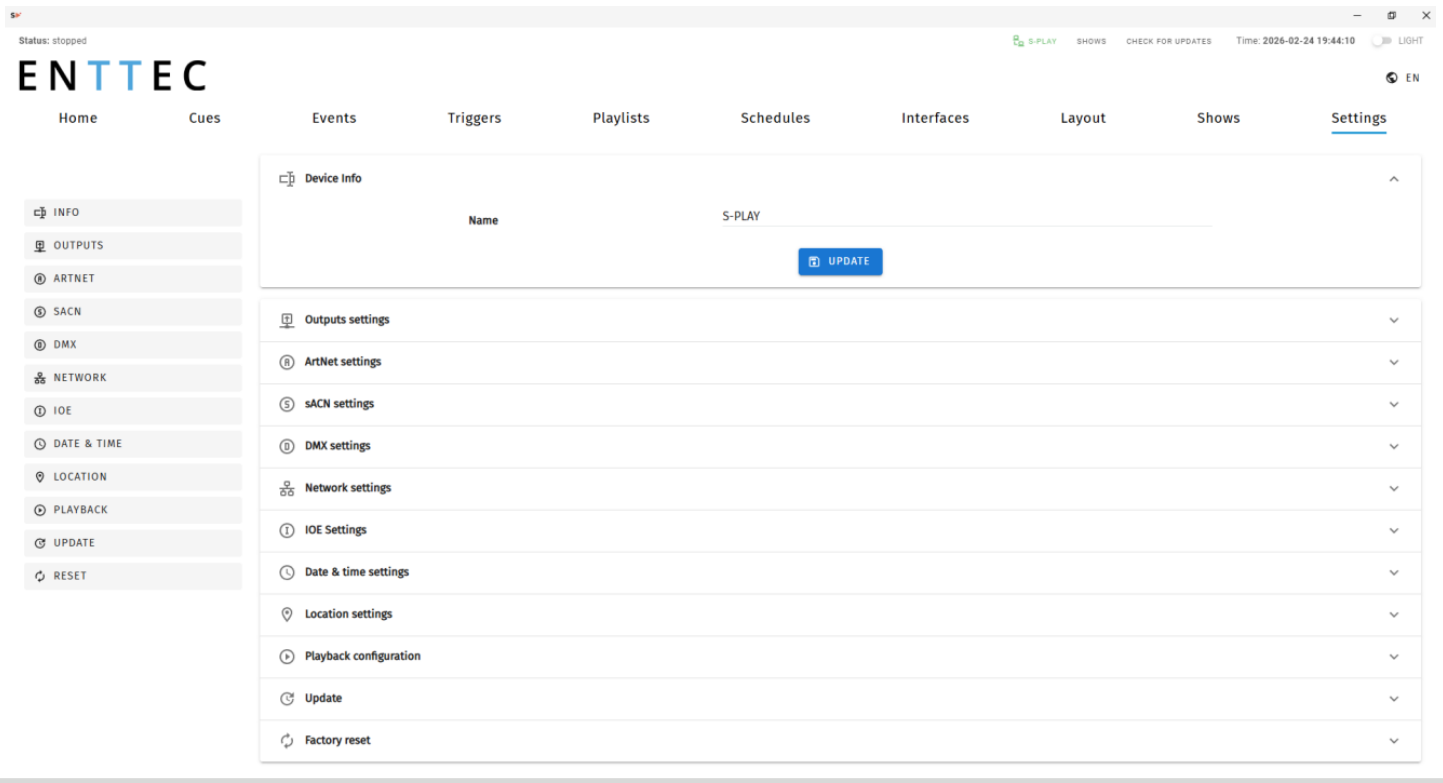 Settings page