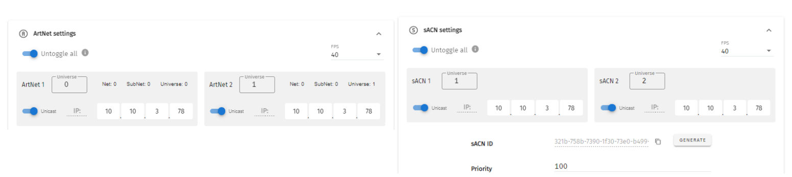 S-PLAY Art-Net and sACN settings — per-universe Net/Subnet/Universe and Unicast IP, refresh rate (FPS), sACN ID with Generate and Priority
