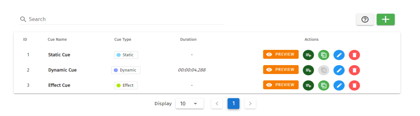 S-PLAY Cue page — list of Static, Dynamic and Effect cues by ID, Cue Name, Cue Type and Duration with Preview, turn-into-Playlist, Duplicate, Edit and Delete actions and the green + create button